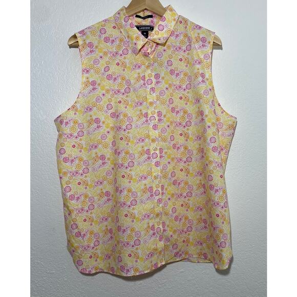 NWT Lands’ End Size 16 Yellow Pink Paisley Button Up Sleeveless Blouse No-Iron - Picture 1 of 7